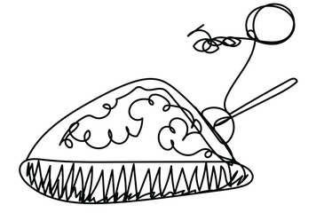 The dug grave in one line on a white background. A pit, a shovel, a pile of earth. Mystical night under the moon. Stock vector illustration.