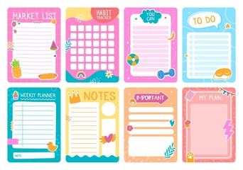 Cute planner pages with stickers, notebook or diary template. Weekly planner, to do list, habit tracker kids journal page design vector set. Schedule, you can and plans checklist for print