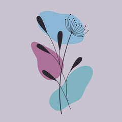 Botaniczna boho kompozycja z dmuchawcem i listkami. Abstrakcyjny projekt roślinny do druku jako plakat, okładka, pocztówka, tapeta, tło, ozdoba, element dekoracyjny. Minimalistyczny styl. © Monika