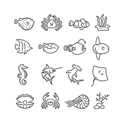 Marine life related icons: thin vector icon set, black and white kit - obrazy, fototapety, plakaty
