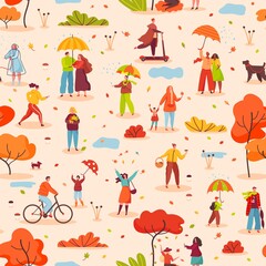 People with umbrellas walking in autumn park seamless pattern. Characters in warm clothes. Fall season outdoor activity vector illustration. Man and woman throwing leaves, collecting mushrooms