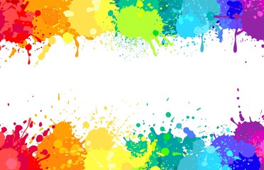 Fototapeta na wymiar Colorful paint splatter background, painted rainbow splashes. Colored watercolor splash, abstract color spray paints explosion vector banner. Space for text with stains border or frame