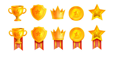 Winner golden trophy vector cup illustration kit, victory game champion badge set, crown, red ribbon. UI achievement medal icons, mobile casino app design element, shield, star. Golden trophy clipart - obrazy, fototapety, plakaty