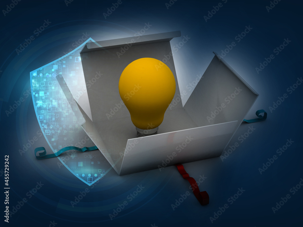 Poster 3d rendering bulb on opened box