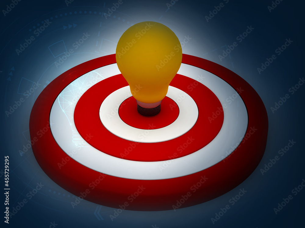 Poster 3d rendering of red light bulb on the target sign
