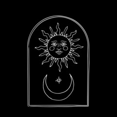 Vintage Mystic Sun and half Moon illustration with decorative border arch