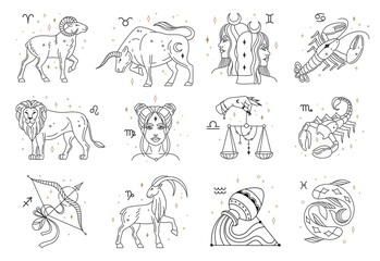 Horoscope zodiac signs, astrology constellations symbols. Lion, pisces, capricorn, libra, cancer, sagittarius astrological sign vector set. Hand drawn sky symbols isolated on white