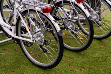 Fototapeta na wymiar bike focus on the rear wheel and lantern row stands in the meadow