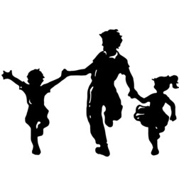 Dad and children are happy. Walk with children. The father holds the children by the hands.