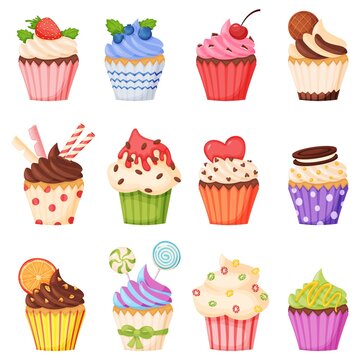 Cartoon cupcake with various toppings, delicious sweet desserts. Muffins or cupcakes with chocolate cream, fruits. Confectionery vector set decorated with lollipops, strawberry, blackberry