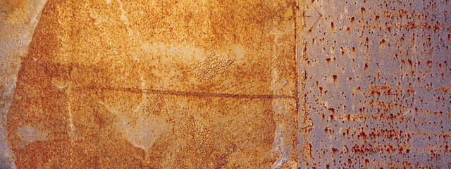 Panoramic grunge rusted metal texture. Rusty corrosion and oxidized plate. Worn metallic iron...