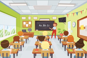 Cartoon kids and teacher in classroom, elementary school pupils studying. Young students listening to teacher at lesson vector illustration. Children sitting at desks and learning alphabet