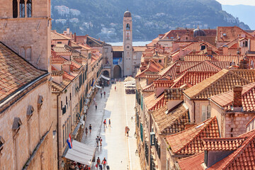 Summer cityscape - top view of Stradun or Placa is the main street in the Old Town of Dubrovnik on...
