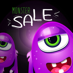 Cute purple monster on a black background