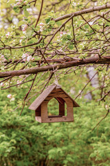 wooden birdhouse hanging in a blooming apple orchard