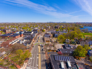 Arlington historic town center aerial view on Massachusetts Avenue at Mystic Street and Broadway...
