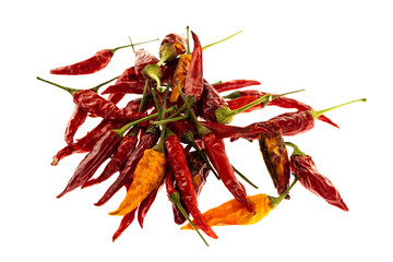 set of dried chili vegetable pod lies a slide on a white background