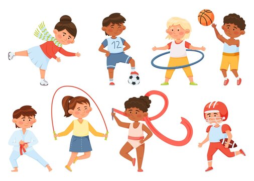 Cartoon children exercising, kids doing sports and gymnastics. Boys and girls playing ball, ice skating, skipping rope, doing karate vector set. Active and healthy lifestyle activities