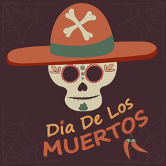 Skull in a sombrero decorated with flowers and patterns for the traditional Mexican holiday Day of the Dead, vector image on a dark background with cobwebs and chili