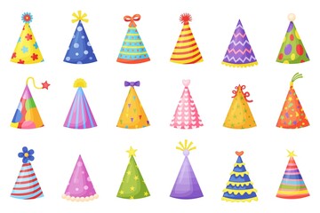 Cartoon birthday party hats, holiday celebration paper cones. Funny christmas striped party caps with colorful decorations vector set. Carnival or festival paper caps with stars, spots