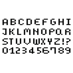 Pixel letters of the alphabet and a set of numbers. Vector on a white background. Modern stylish fonts or font for title or title design, like poster, layout design, game, website or print.