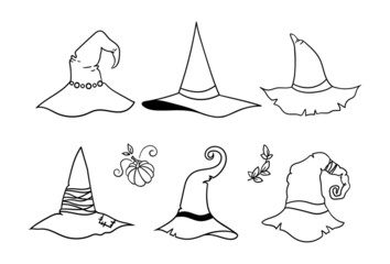 Halloween line witch hat bundle, cute witchy wizard Hat or cap black and white isolated clipart on white background, halloween party decor for cards, t-hirts, vector kids illustration set