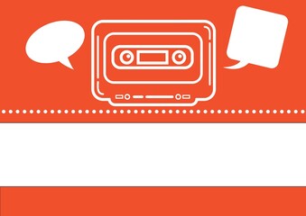 Composition of audio cassette tape and two empty speech bubbles on orange background