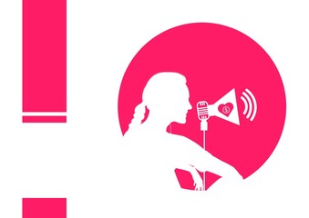 Composition of woman in white silhouette, microphone and loudspeaker symbol in pink circle on white