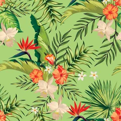 Foto auf Acrylglas Vector tropic pattern. Flowers, jungle [palm leaves, hibiscus. Seamless tropical pattern.  © Logunova  Elena