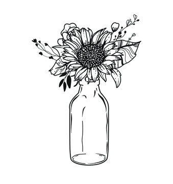 recommend clip art: Black-white flowers in a jar vase. Sunflowers in a vase. Flowers outline. Vector illustration.