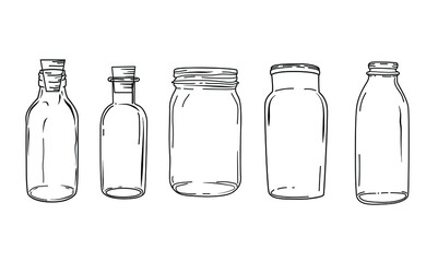 Set of glass jars. Jar hand drawn. Vector artwork.