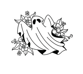 Silhouette ghost. Mystical spirits with flower. Happy Halloween. Floral stylized souls. Vector illustration.