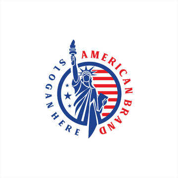 Creative logo with Statue of Liberty and US flag design illustration. Independence day. National holiday flat design