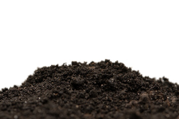 A pile of black earth close-up on a white background, isolate. Earthen soil for seedlings of plants.