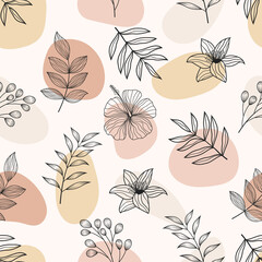 Seamless pattern of abstract botanical floral tropical flowers and leaves vector illustration