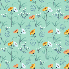 Seamless pattern of vintage floral tropical small flowers and leaves vector illustration