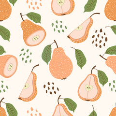 Seamless pattern of abstract tropical pear fruits with leaves and slices vector illustration