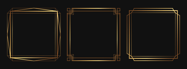 Set of golden decorative frames. Isolated Art Deco line art borders with empty space.