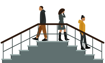 Male character and two female characters going down the stairs on a white background