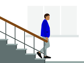 Male character in business clothes going down the stairs