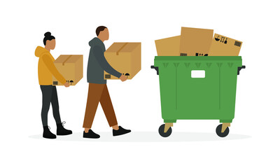 Male character and female character with cardboard boxes in hands go to full garbage container isolated on white background