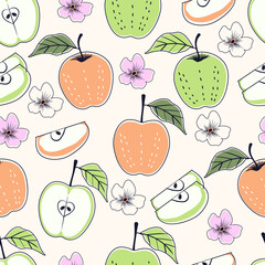 Seamless pattern of abstract tropical apple fruits with flowers and slices vector illustration