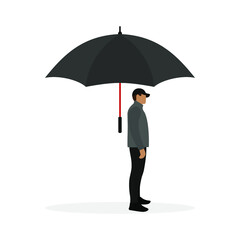 Male character in jacket and cap stands under a huge umbrella on a white background