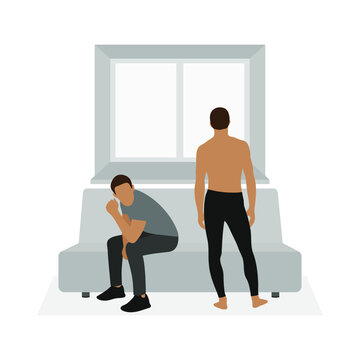 One male character is sitting on the sofa and another male character is standing and looking out the window on a white background