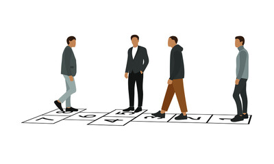 Four male characters on the playing field with numbers on a white background