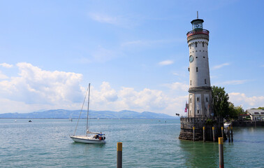 The picturesque harbour of the town Lindau at the Lake Constance, Bodensee, Bavaria in Germany, Europe