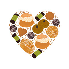 Traditional swedish sweets in heart shape. Vector illustration in cartoon style. Fika time concept. - obrazy, fototapety, plakaty