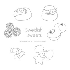 Swedish sweets set icons. Continuous one line bakery. Single line drawing if swedish sweets.