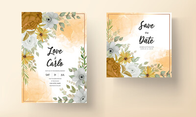 Wedding invitation card template with hand drawn autumn fall floral