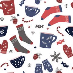 Seamless pattern. A cozy winter ornament with mittens, socks, mugs, cups of tea, Christmas tree branches, snowflakes, New Year's sweets, warm clothes. Vector graphics.